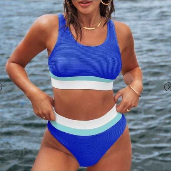 NWT Blue Colorblock High Waist Bikini set - Picture 2 of 4